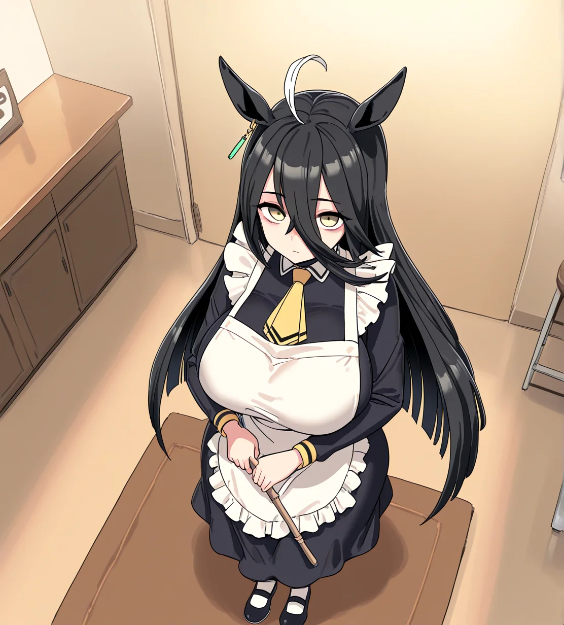 <lora:LUXsumildo:1.2>,1girl, manhattan cafe \(umamusume\), huge breasts, wide hips, umamusume, ahoge, alternate costume, animal ears, apron, ascot, black footwear, black hair, broom, cafe, closed mouth, doormat, enmaided, from above, hair between eyes, holding, holding broom, horse ears, horse girl, indoors, long hair, long sleeves, looking at viewer, maid, maid apron, solo, stool, very long hair, yellow ascot, yellow eyes,
very awa, masterpiece, best quality, highres, absurdes,amazing quality,very aesthetic,intricate details, <lora:hand 5.5:1>