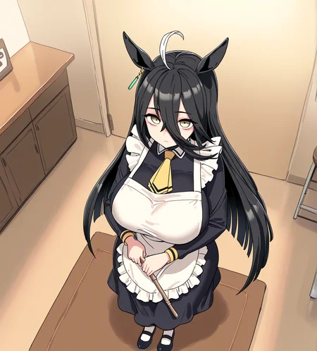<lora:LUXsumildo:1.2>,1girl, manhattan cafe \(umamusume\), huge breasts, wide hips, umamusume, ahoge, alternate costume, animal ears, apron, ascot, black footwear, black hair, broom, cafe, closed mouth, doormat, enmaided, from above, hair between eyes, holding, holding broom, horse ears, horse girl, indoors, long hair, long sleeves, looking at viewer, maid, maid apron, solo, stool, very long hair, yellow ascot, yellow eyes,
very awa, masterpiece, best quality, highres, absurdes,amazing quality,very aesthetic,intricate details, <lora:hand 5.5:1>