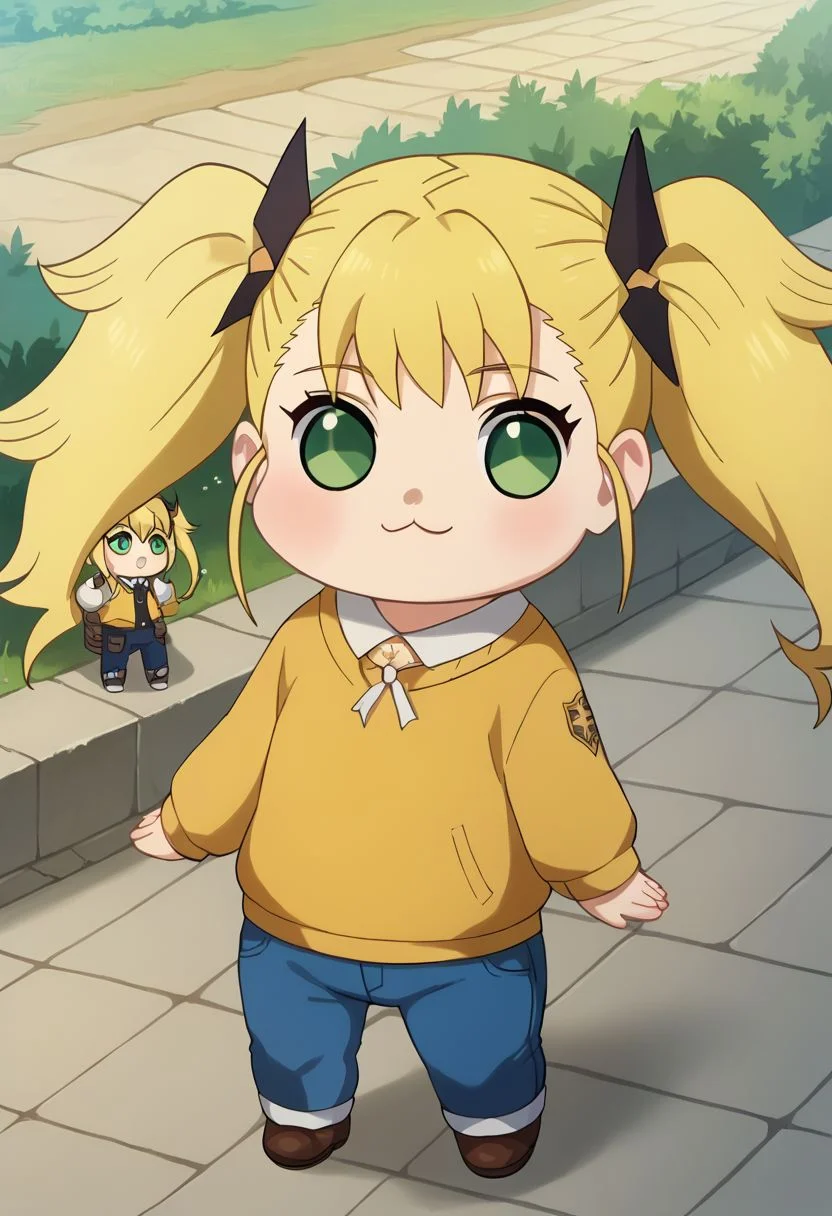 score_9, score_8_up, score_7_up, masterpiece, high details, high res, doro, creature, :3, chibi, KikoruShinomiya,1girl,blonde hair,twintails,green eyes, yellow sweater, jeans, outdoors, evening