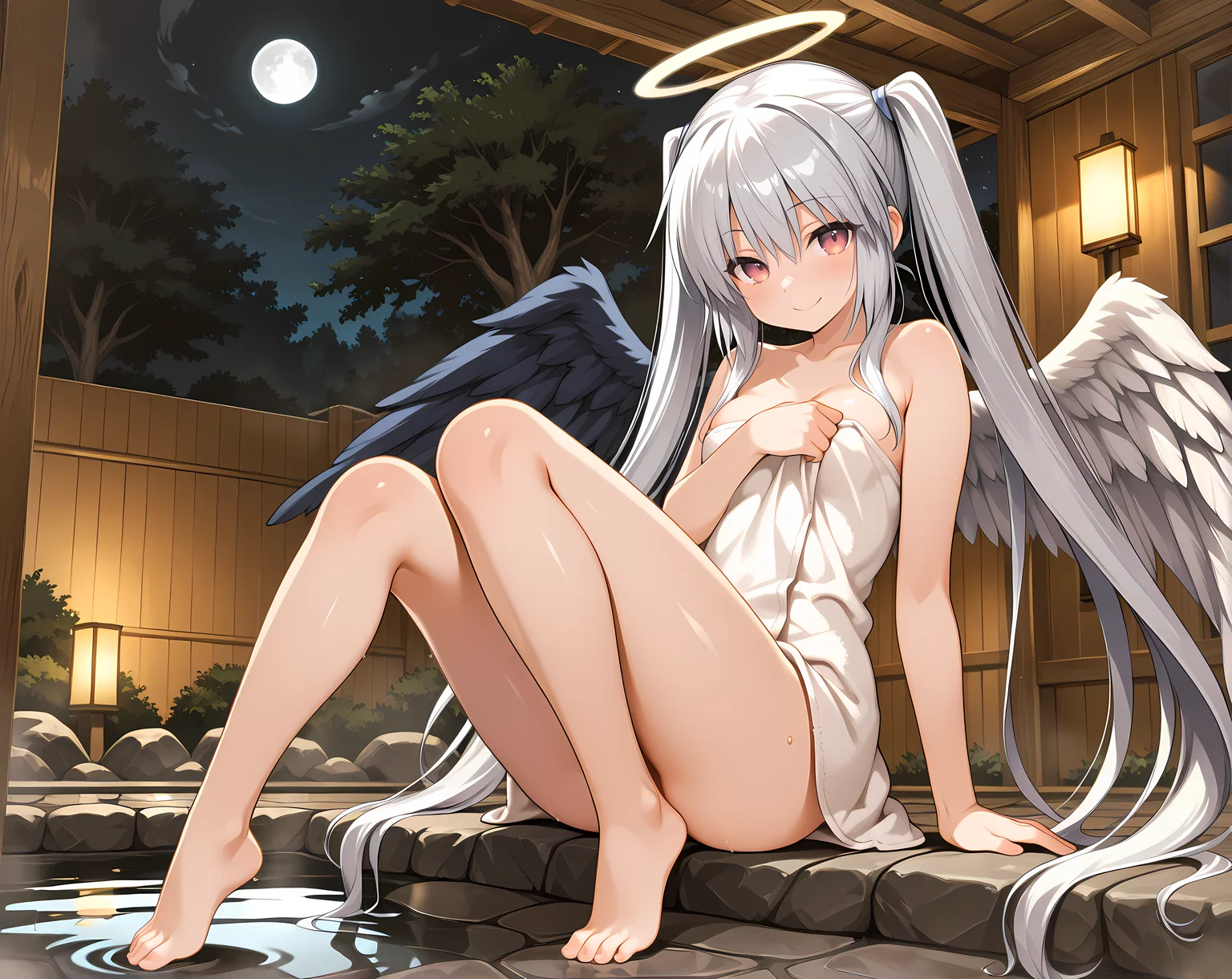 metisana,small breasts,twintails,halo,angel wings,solo,moon,full body,barefoot,garden,tree,smile,<lora:Tenbin_no_La_DEA_Character_Pack_1:0.7>,indoors,onsen,naked towel,night,covering privates,, masterpiece,best quality,amazing quality, very aesthetic, absurdres,detailed eyes,ultra-detailed,