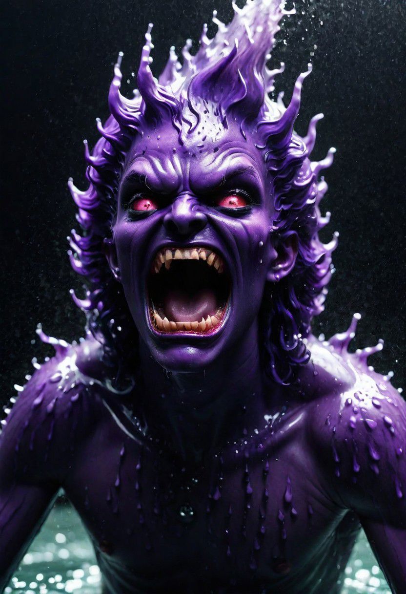 , The play of light on their hair and face, adds a touch of horror turning ordinary droplets into a symphony of aquatic terror, dancing in the realm where water meets its domonic appocalypse , awesome full color, full-body angle, purple DEVIL SPAWN