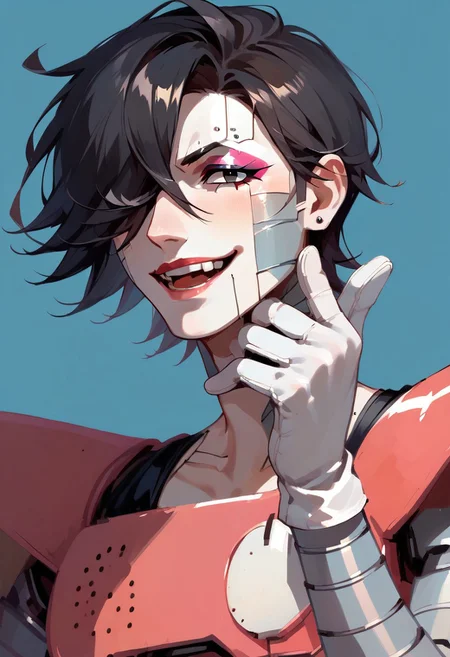 score_9, score_8_up, score_7_up, source_anime, solo, 1boy, sexy boy, Mettaton, (((robot boy))), black hair, slim, hair covering left eye, black eyes, makeup, (((white skin))), pink chest piece, black shoulder pads, white gloves, both hands on chin, smirk, straight teeth, blue background, black tights, straight teeth, portrait, close up, masculine male