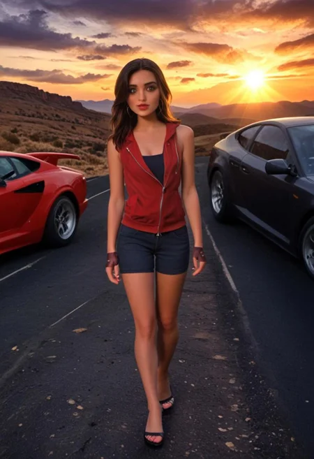 score_9, score_8_up, score_7_up, score_6_up, score_5_up, score_4_up, Expressiveh, BREAK, RAW, 8k, source_real, masterpiece, high quality,  strong shading, strong lighting, 1girl, 30 years old, tall, thin,
easynegative, traditional media, show accurate:1.4,  outdoor, (day time,:1.7), sun, 
easynegative, standing up, (walking:1.9), (front view: 1.5), wind, sunset, desert, car, canyon, strong wind, red sky, clouds,
face_detail, skin_detail, lustrous_skin, skindentation,  nail polish, lipstick, shank, 
cleavage, sleeveless, hooped earrings, fingerless gloves, tattoo, brown hair, badass, high heels,
(perfect anatomy:1.9), (tilted camera angle:2.0), cinematic style, red lamborghini,  disney style,
full body visible, sultry, slender hips, overactive hips, zPDXL3, nylnft, (sultry pose:1.6), watercolor \(medium\), traditional media, irl, (realistic style:1.8)