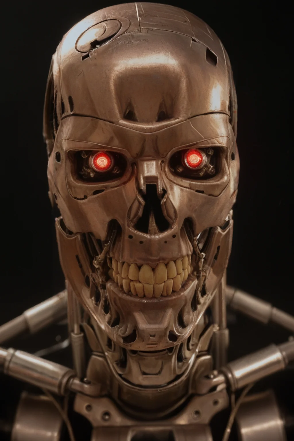 T800_Endo, Terminator robot, score_9, score_8_up, score_7_up, (source_IRL, source_movie), cinematic, realistic, masterpiece, high quality, highres RAW photo, ((close-up shot, close-up head shot, front view))
a T800_Endo Terminator Robot with red eyes, he is made of metal, he is made of shiny chrome metal, new, clean, <lora:T800_Endo_Terminator_Pony_v1-000013:1>
(standing)
black background
dynamic lighting, highly detailed, intricate details