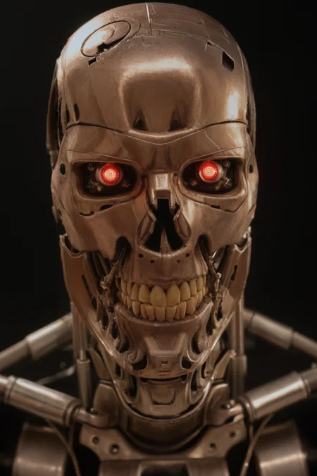 T800_Endo, Terminator robot, score_9, score_8_up, score_7_up, (source_IRL, source_movie), cinematic, realistic, masterpiece, high quality, highres RAW photo, ((close-up shot, close-up head shot, front view))
a T800_Endo Terminator Robot with red eyes, he is made of metal, he is made of shiny chrome metal, new, clean, <lora:T800_Endo_Terminator_Pony_v1-000013:1>
(standing)
black background
dynamic lighting, highly detailed, intricate details