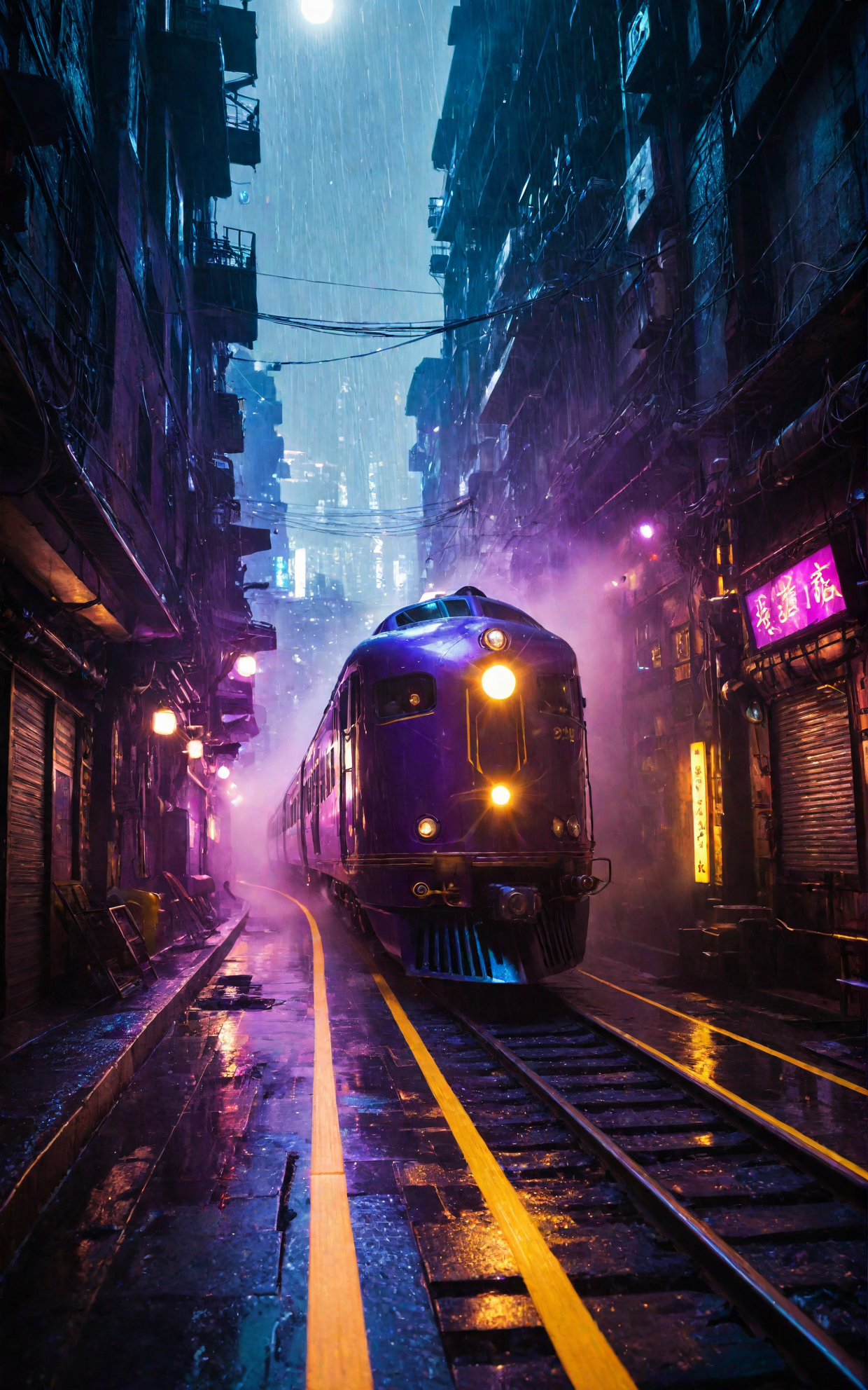 a scifi futuristic concept steam train, curvy and aerodynamic, Kowloon walled city narrow winding alleyway, light speed, flash, heavy rain, motion trail, a shining star(sun) in the background, (speed lines:1.1), (motion blur:1.1), high contrast, deep focus, TRON, style by Ridley Scott, Cyberpunk 2077, Bladerunner, fog, mist, epic visual effects, arc lightning, underglow, interstellar, flow, detailed, scifi, extremely detailed textures, star blast, dark vibrant colors, cosmic art, stars in background, headlights, cinematic scene, lens flare, cinematic color grading, film still, god rays, glow, art of Doug Chiang and John Park glowneon, fuji cinestill, light leak, glowing, sparks, lightning, ultra detailed  <lora:add-detail-xl:2>, dramatic lighting  <lora:blacklight_makeup_v2:1> ultraviolet blacklight reactive paint, powerlines, catwalks, alleyway  <lora:SDS_Contrast tool_XL:0.8>