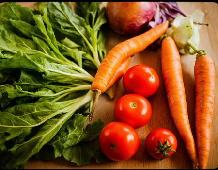 <lora:{yummy, }yummy-000019:0.85> yummy, A photorealistic 4K image of a fresh and vibrant table of vegetables, set against a warm, natural wood grain background, with an assortment of colorful vegetables arranged in a visually appealing composition. The vegetables include crisp, emerald green lettuce leaves, plump, juicy red tomatoes with slight sheens to indicate freshness, and vibrant, orange carrots with subtle texture details, all carefully selected and placed to showcase their unique shapes and hues. The lighting is soft and natural, with a warm, golden glow that accentuates the colors and textures of the vegetables, casting subtle shadows that add depth and dimension to the scene. The overall atmosphere is one of freshness and abundance, with the vegetables appearing so real that they seem to leap off the table. The shot is a wide-angle, slightly overhead view, allowing the viewer to take in the entire arrangement, with a shallow depth of field that gently blurs the background, drawing focus to the vibrant vegetables. The image features a high level of detail and texture, with visible pores and minor imperfections on the vegetables, and a subtle film grain that adds to the photorealistic effect. The rendering style is highly detailed and realistic, with accurate representations of the way light interacts with the different textures and surfaces of the vegetables. The result is a stunning, mouth-watering image that celebrates the beauty of fresh, vibrant produce. 8k highest resolution with sharp intricate details. Hyperrealistic, detailed, and vivid. . 35mm photograph, film, bokeh, professional, 4k, highly detailed