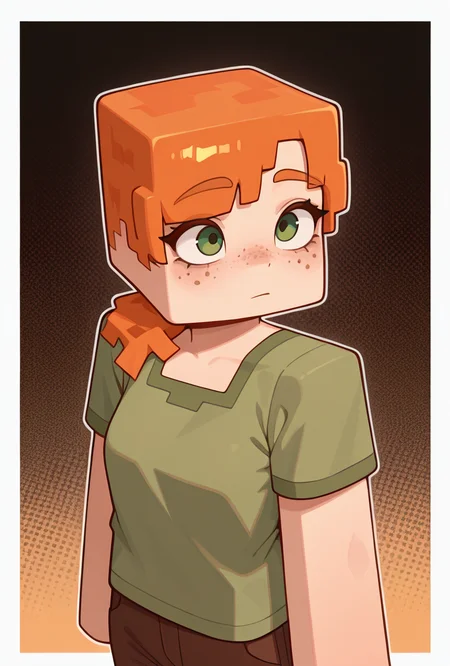 <lora:alexmc-05:1> alexmc, orange hair, 1girl, solo, green eyes, green shirt, brown pants, short sleeves, freckles, square arms,, masterpiece, best quality, amazing quality, very aesthetic, absurdres, newest,, upper body, halftone effect, white borders, abstract background:1.2,