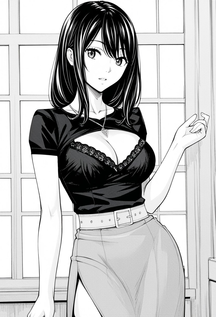 score_9, score_8_up, score_7_up, source_anime,(extremely detailed CG), (best quality),monochrome, greyscale,
1girl,slender body,large breasts,,necklace, shirt, short sleeves, bra peek, bra, cleavage cutout, cleavage, belt, high-waist skirt, side slit, Black hair,long hair,legs,