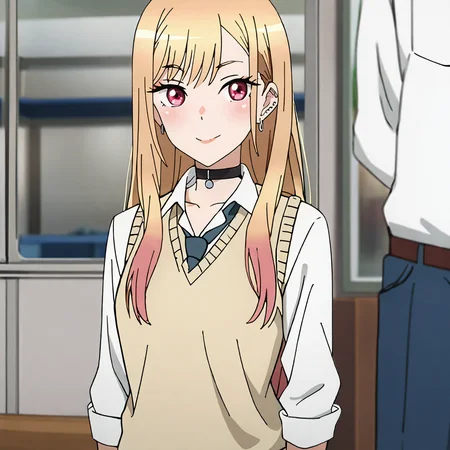 <lora:marin_pony_v1:.8> MarinDarlingSweater, kitagawa marin, 1girl, blonde hair, black choker, school uniform, necktie, red eyes, long hair, white shirt, jewelry, multicolored hair, bangs, earrings, sweater vest, ear piercing, collared shirt, cowboy shot