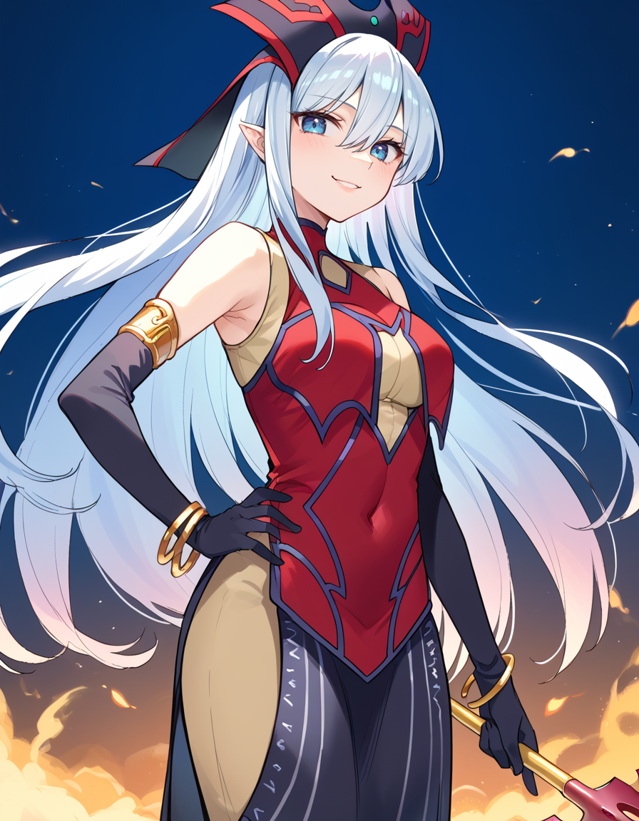 (score_9:0.9),score_8_up,score_7_up,rating_safe,anime style,(zPDXL),(zPDXL3),<lora:Ruin Queen of Oblivion ponyXL v1.1:0.73>,ruin queen of oblivion,1girl,hand on hip,medium breasts,solo,gold bracelet,red headwear,smile,staff,black elbow gloves,large breasts,side slit,red dress,holding staff,dark persona,covered navel,blue background,