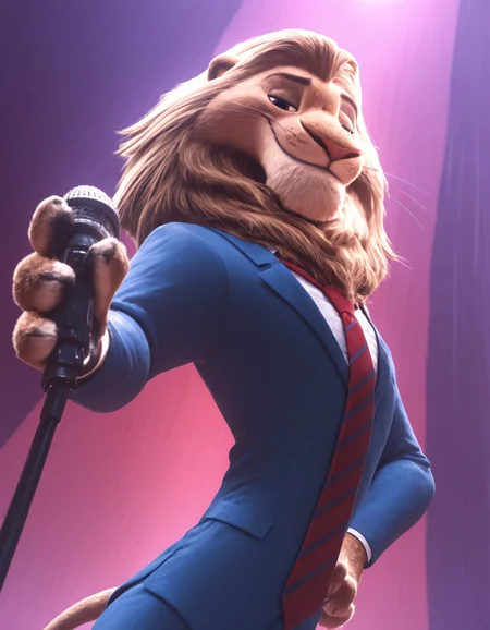 zootopia artstyle,
masterpiece, best quality,
pinup pose, looking at viewer, perfect face, colorful, dramatic angle, unique perspective, unique angle, detailed, intricate details, highres, absurdres, smile, on stage, furry male, solo, lion, lionheart, red necktie, lion tail, whiskers, brown eyes, blue suit, white shirt, brown fur, smug, cowboy shot, closed mouth, microphone,zootopia city, (outside:1.3),
<lora:Zootopia_Art_Style_ill_3D:1>âââ