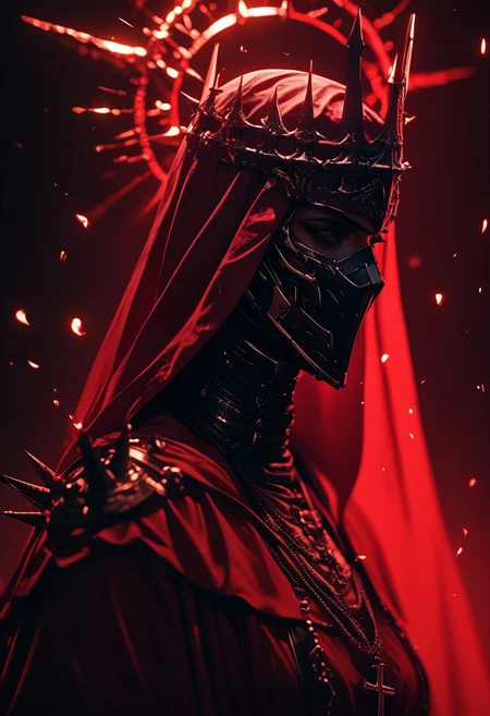 (score_9, score_8_up), score_7_up, 1girl, simple background, jewelry, upper body, hood, necklace, armor, from side, mask, halo, helmet, cross, crown, veil, cloak, red background, spikes, hood up, robe, red theme, covered face, helm
,
depth of field, blurry background, black background, dark, CINE, embers,
<lora:unholy-000009:0.75> <lora:CINE-000008:0.5>, cyberpunk