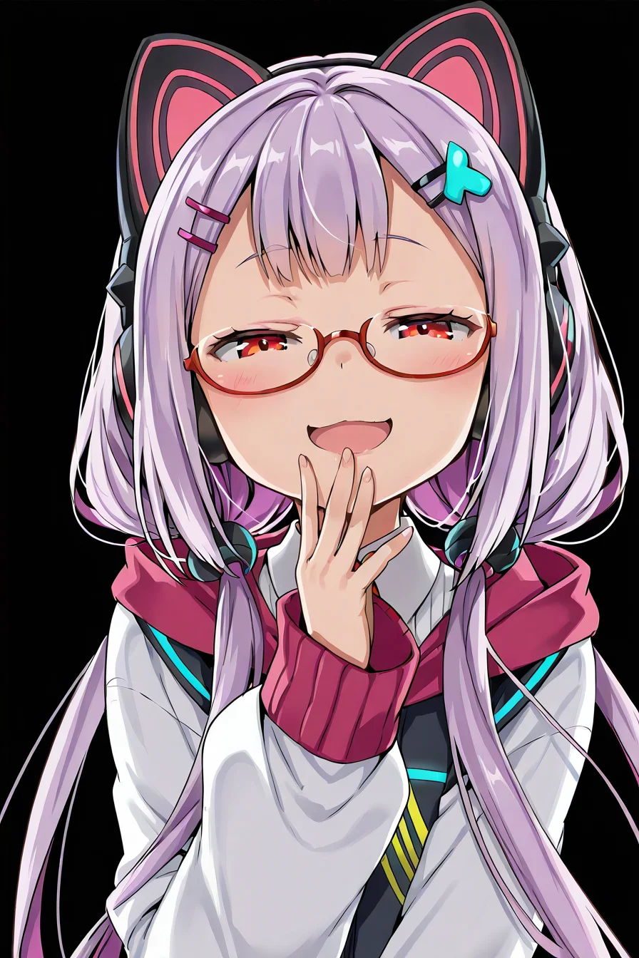 black background, shiny skin, posing,
<lora:natsueri.il:1>,
natsueri,
looking at viewer, half-closed eyes, smug, open mouth, hand to mouth, 
clothed girl, safe,, (purple hair:1.2), very long hair, low pigtails,
red eyes, glasses, hairpin, glowing cat headphones,  
hairpin,