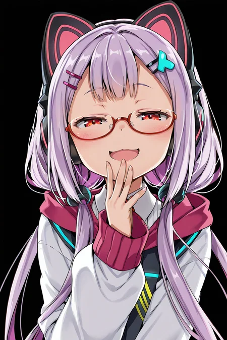 black background, shiny skin, posing,
<lora:natsueri.il:1>,
natsueri,
looking at viewer, half-closed eyes, smug, open mouth, hand to mouth, 
clothed girl, safe,, (purple hair:1.2), very long hair, low pigtails,
red eyes, glasses, hairpin, glowing cat headphones,  
hairpin,