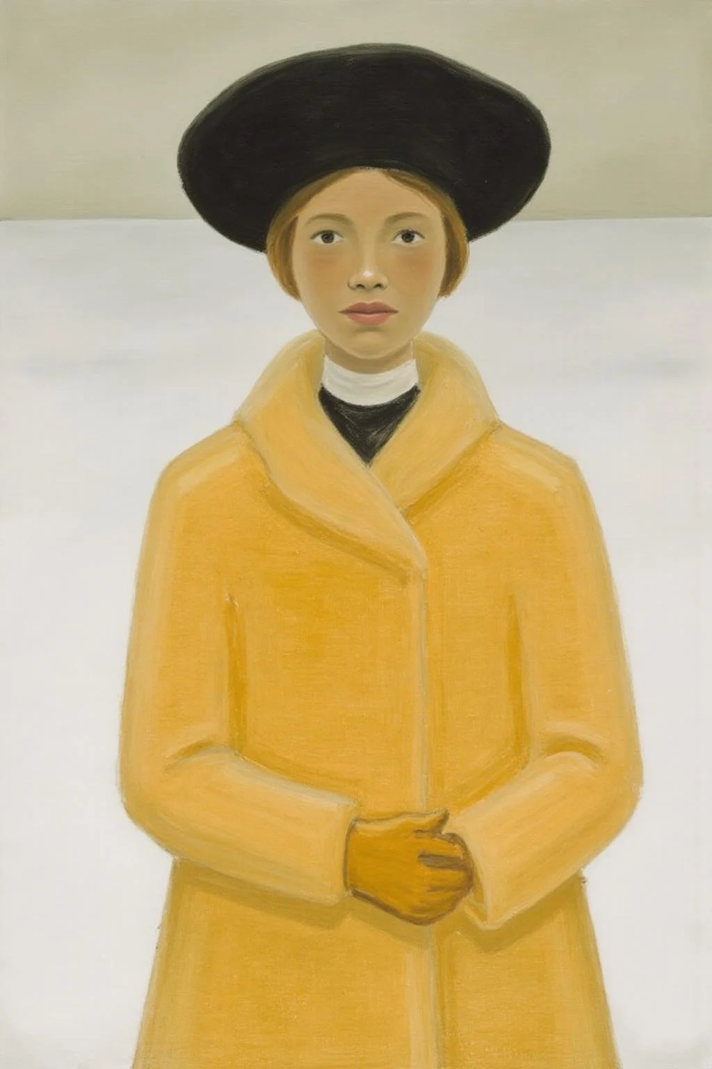 jeanpaullemieux1 painting.
A young woman stands against a snowy landscape, depicted from the waist up. She is wearing a yellow-orange winter coat and a large black hat. She is looking directly at the viewer. <lora:jeanpaullemieux1_cap_d6a3e8:1.0><lora:841072433562850272:0>