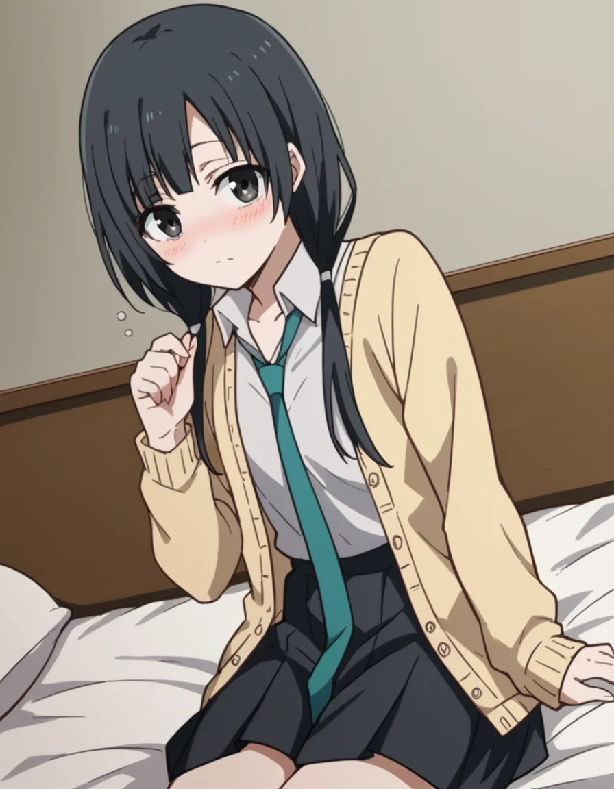score_9, score_8_up, score_7_up, source_anime, emayasuhara, <lora:ema-yasuhara-s1-ponyxl-lora-nochekaiser:1>, ema yasuhara, long hair, black hair, twintails, black eyes, low twintails,, skirt, school uniform, necktie, cardigan, shirt, grey shirt, black skirt, yellow cardigan,, indoors, bed, bed room, on side, blush, drunk, looking at viewer, solo, cowboy shot, dutch angle