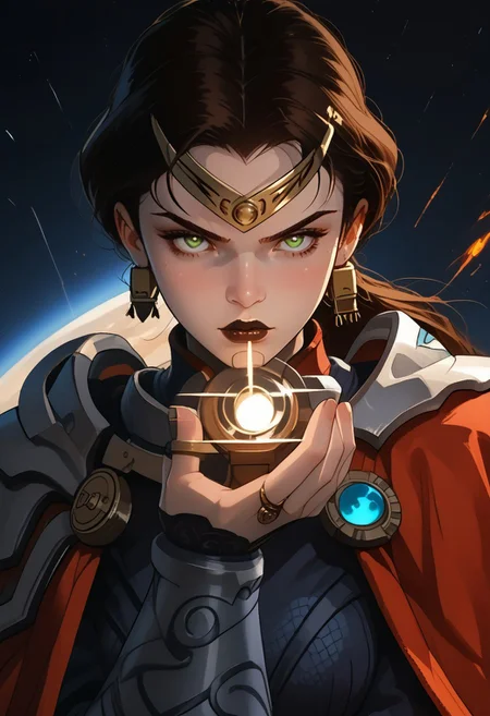 Marlena_BA, battle armor, unique angle, unique perspective, dramatic angle, a girl, long hair, ponytail, brown hair, glowing green pupils eyes, black lips, big breasts, wide hips, rings, mascara, dynamic action pose, indoor, in space ship, in hangar. all dark, scenery, cinematic lighting, volumetric lighting
BREAK
score_9, score_8_up, score_7_up, rating_explicit