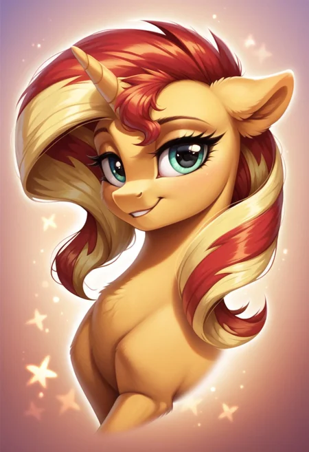 score_9, score_8_up, score_7_up, score_6_up, score_5_up, score_4_up, my little pony, ((feral pony)), Sunset Shimmer, 1girl, ((solo)), (sexy), beautiful, detailed, (detailed cute pony face), detailed eyes, detailed fur, detailed hooves, beautiful, vector, flat colors, (beautiful long eyelashes), (beautiful hooves), (abstract background:1.8), (looking at you, looking at viewer:1.5), smile, happy, ((close-up)), high angle
