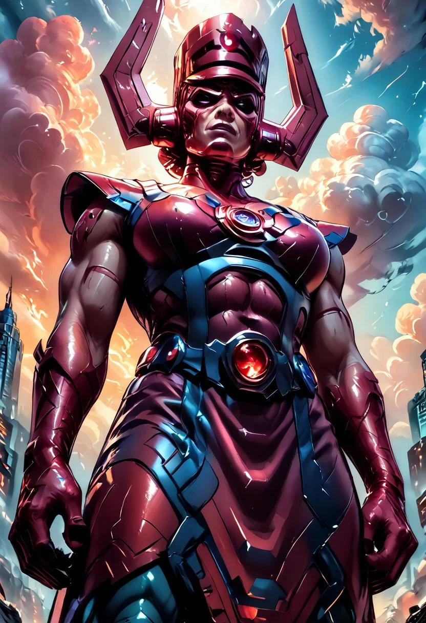 score_9, score_8_up, score_8, score_7_up, score_7, rating_safe,
An anime-style, comic-inspired illustration capturing the head of Galactus looming ominously in the sky above a sprawling modern city skyline at dusk. Towering skyscrapers are dwarfed by his colossal presence, with swirling clouds and a dark, brooding color palette emphasizing the sheer scale and power of this cosmic entity. The mood is foreboding and filled with dread, as the citizens below witness Galactus’s massive, otherworldly form dominating the horizon in dramatic detail