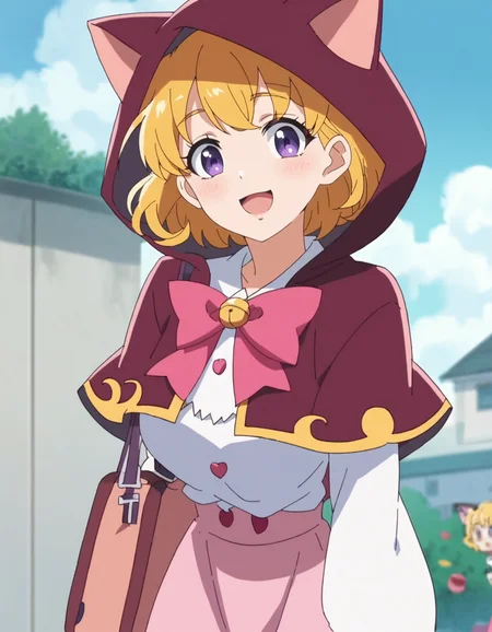 score_9, score_8_up, score_7_up, anime screencap, solo,1girl,asahinamiraimd,school uniform, witch, pink animal hood,cat ears,pink skirt,capelet,suspender,purple eyes,blonde hair,smile, looking at viewer,cowboy shot,large breasts ,blush,open mouth<lora:asahinamiraimd:0.8>