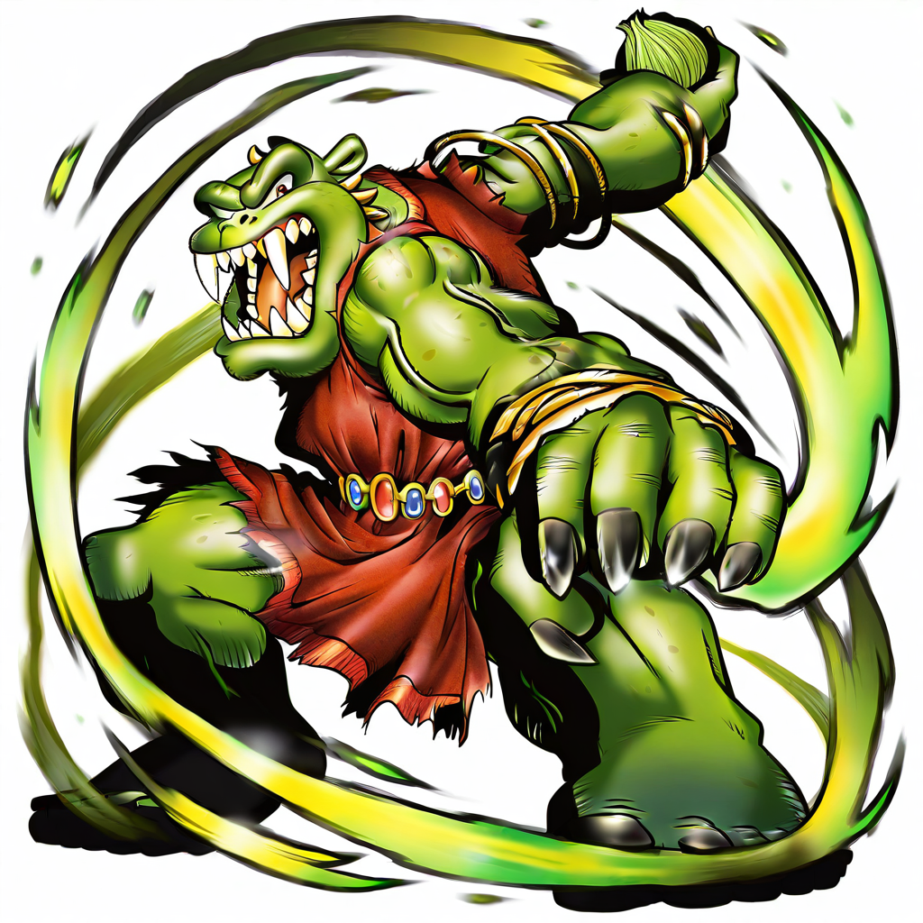 highres, best quality, masterpiece, very aesthetic, newest,DRBStyle, <lora:DigimonReferenceBookIllusV2:1>,1boy,solo,shrek,long arms,big fangs,ogre,green skin,tunic,claws,holding onion, full body,white background,fighting stance,aura,full body