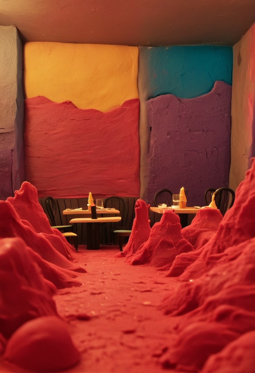 endplay_domorph, made of playdough, restaurant scene made of different colors of playdough,  playdough, modeling clay,
