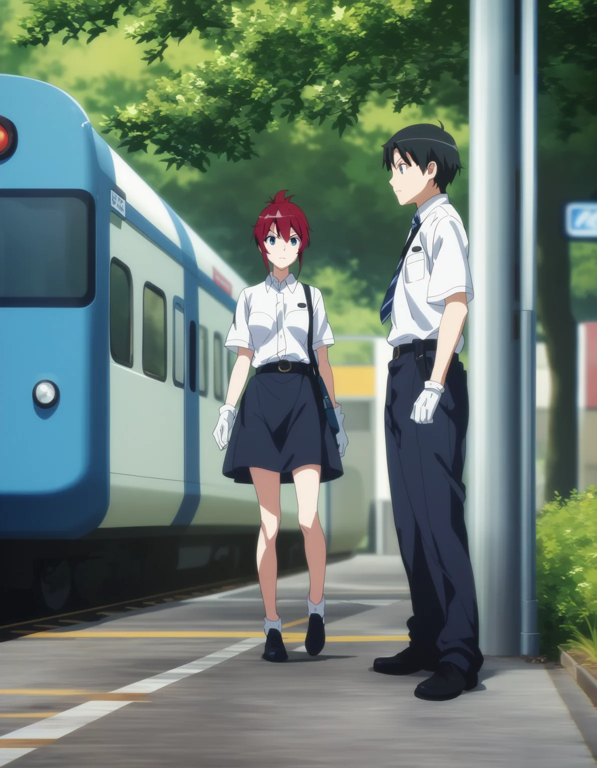 score_9, score_8_up, score_7_up, <lora:sakurai-aoi-ponyxl:0.8> sakuraiaoi, 1girl, skirt, gloves, 1boy, hetero, tree, ground vehicle, train, dress shirt