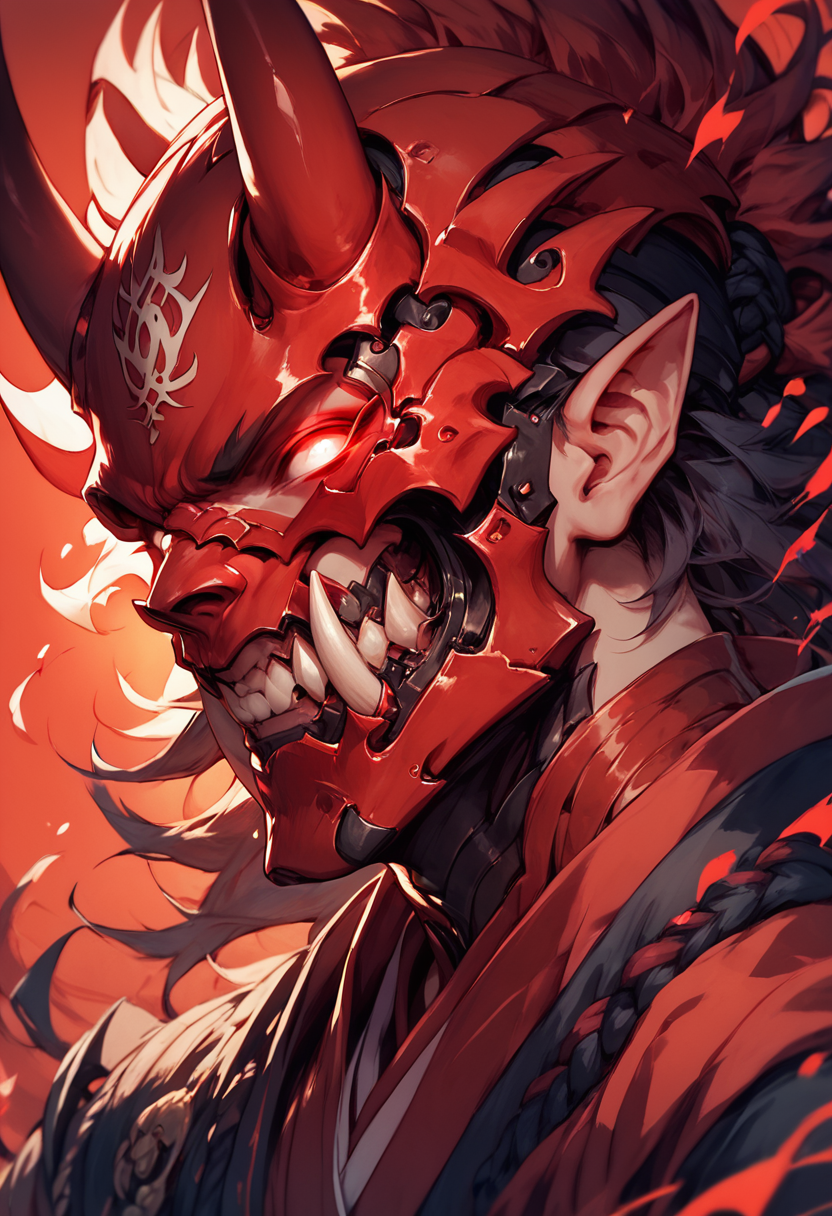 (score_9, score_8_up), score_7_up, red eyes, 1boy, horns, teeth, looking at viewer, head on, mask, glowing, helmet, white eyes, red theme, oni, demon, tusks
<lora:masky-000009:0.8>