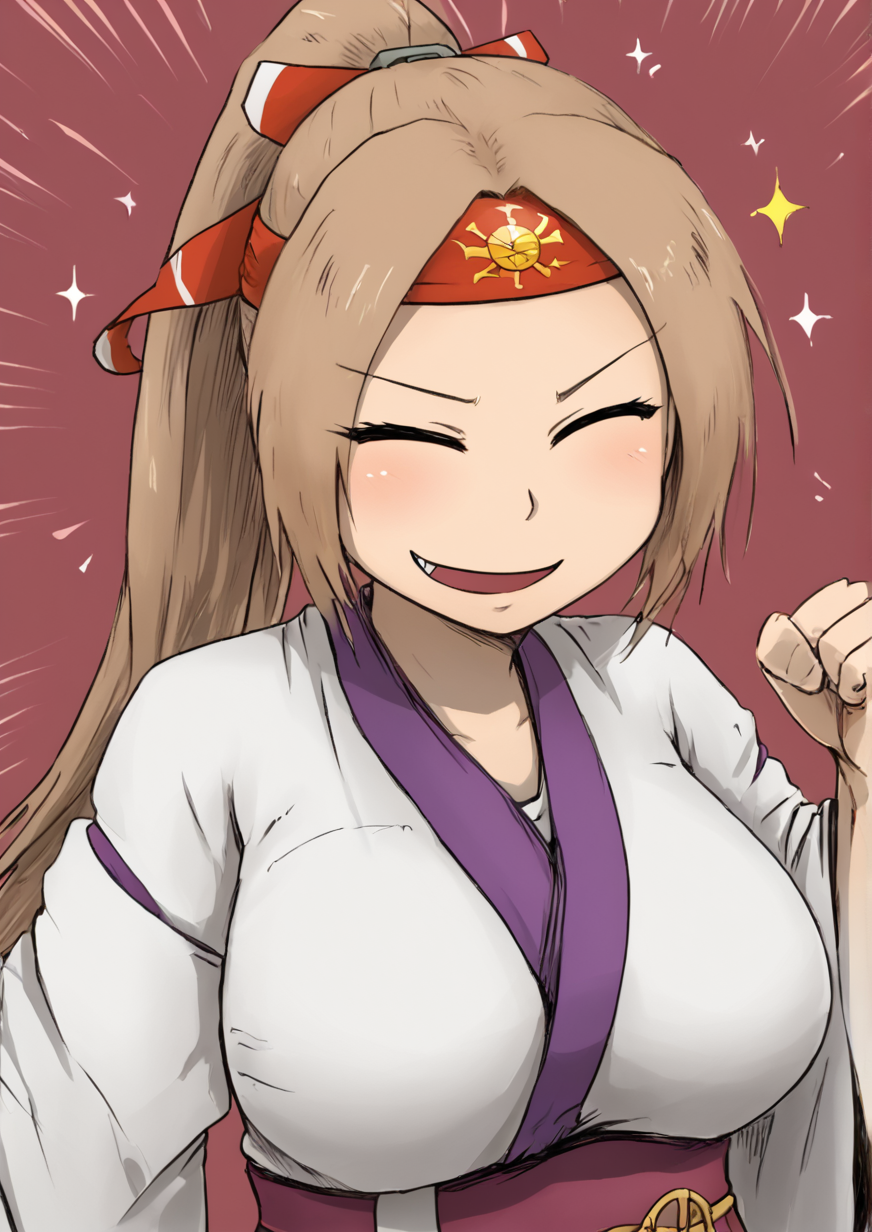1girl, zuihou (kancolle), huge breast, young girl, clenched hands, closed eyes, fang, hachimaki, headband, high ponytail, japanese clothes, light brown hair, long hair, muneate, ponytail, ribbon-trimmed sleeves, ribbon trim, smile, solo, sparkle, upper body, <lora:nice_tackãã¤ã¹å®:1>