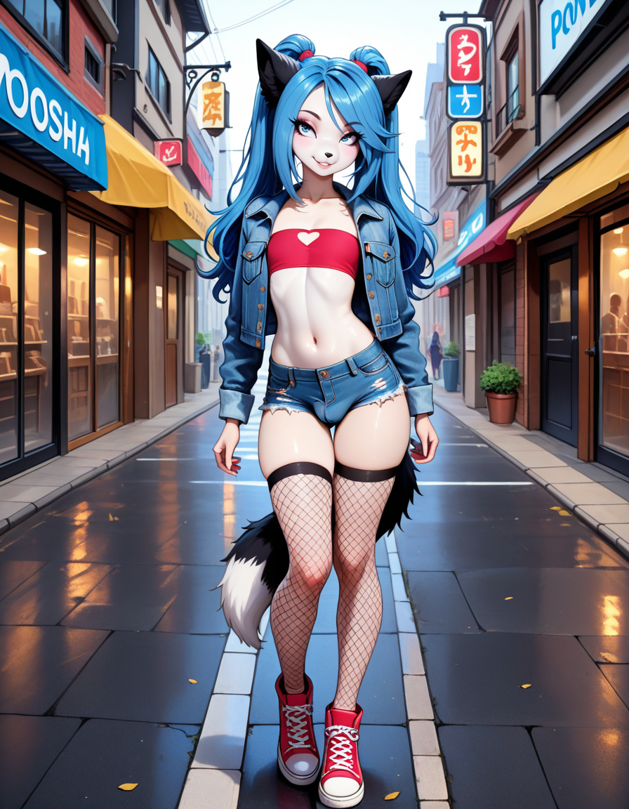 masterpiece, best quality, very aesthetic, absurdres,
outdoors, city, street, 
full body, standing, posing, 
fishnet thighhighs, denim shorts, tube top, denim jacket, 
seductive smile, parted lips, long eyelashes, bulge, 
 <lora:Moisha_v01_NAIXL:1> Moisha,1boy,solo,furry,furry male,male focus,otoko no ko,animal ears,blue hair,long hair,ponytails,blue eyes,snout,animal nose,tail,
