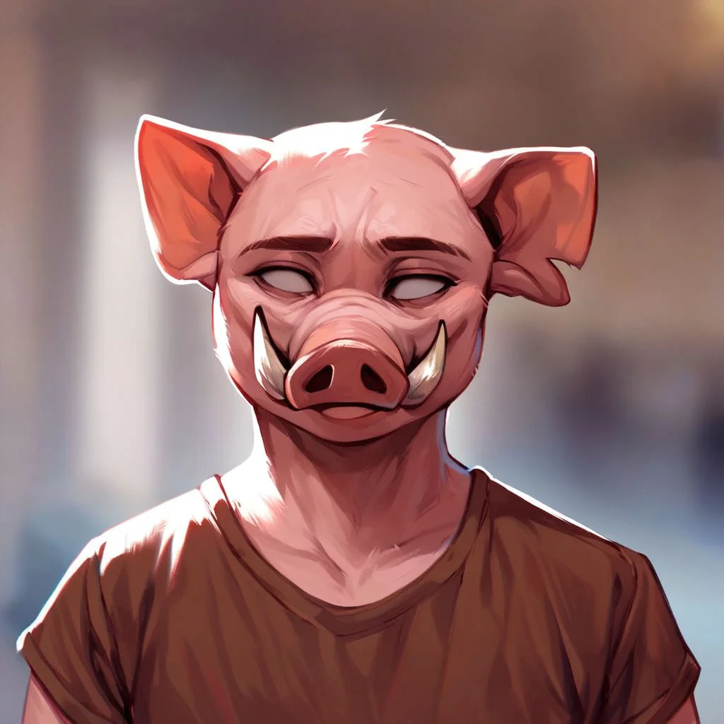 (((beautiful, high quality))), upper Body, score_9, score_8_up, score_7_up,
Pidgin, furry pig, fangs, empty eyes, 1boy, male focus, brown T-shirt,
looking at the viewer, posing, blurred background,