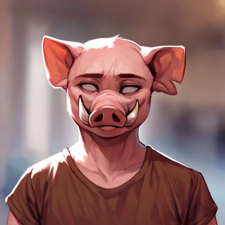 (((beautiful, high quality))), upper Body, score_9, score_8_up, score_7_up, 
Pidgin, furry pig, fangs, empty eyes, 1boy, male focus, brown T-shirt, 
looking at the viewer, posing, blurred background,