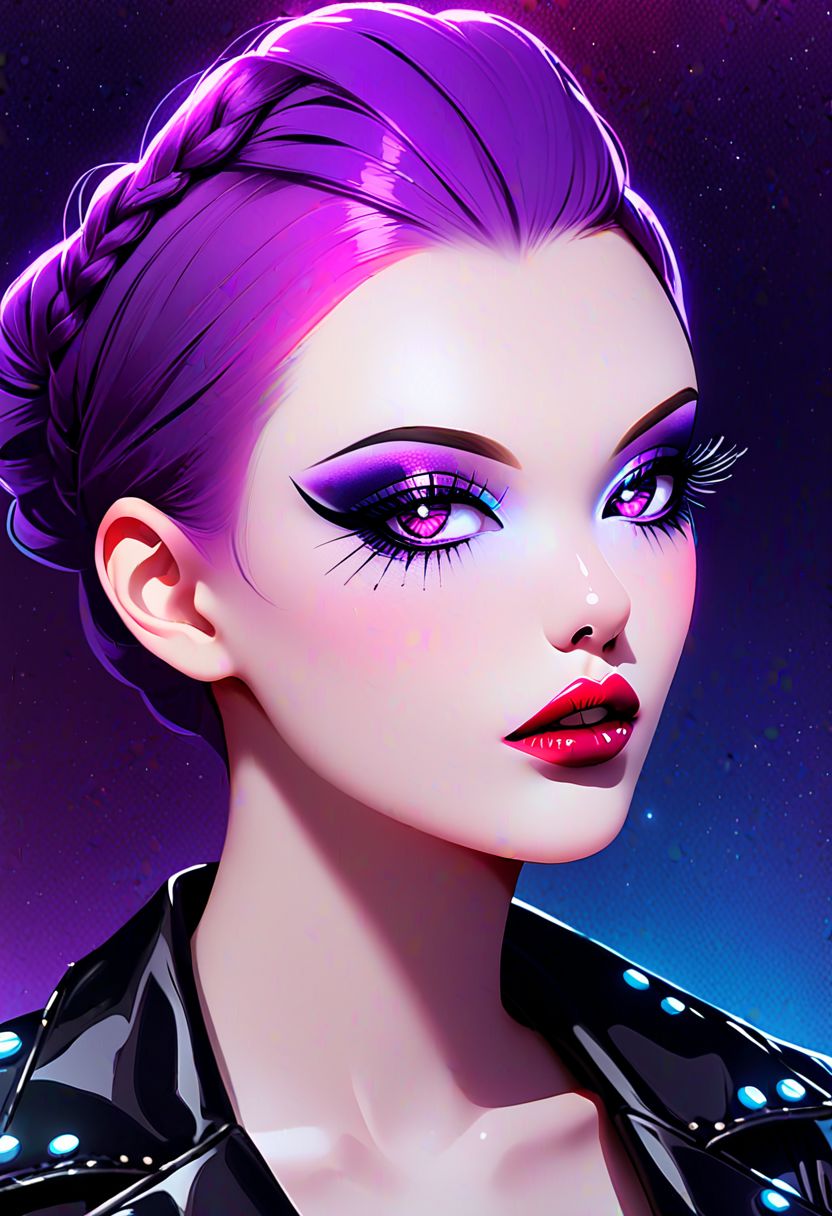 neo noir style portrait of a beautiful woman painted on wall with light, stunning beauty, soft light, pastel colors ,black and purple hair, dark punk, heavy makeup, line art, postmodernism, neo noir,   simple background, glowing lips, lips closed, light smile, masterpiece, natural style,  braided mohawk,, realistic and detailed eyes, beautiful eyes, amazing eyes,kawaii makeup dark makeup, nerd, red glowing lips, bangs,