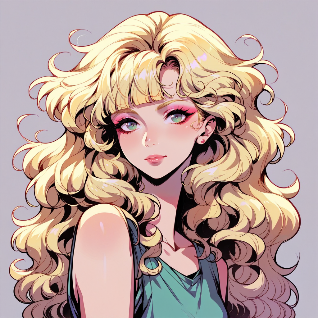 score_9, score_8_up, score_7_up, score_6_up, score_5_up, makeup, wavy hair, <lora:v1nv1xXLP:1> v1nv1x, 1girl, blonde hair, curvy, looking at viewer, 1980s, blunt bangs