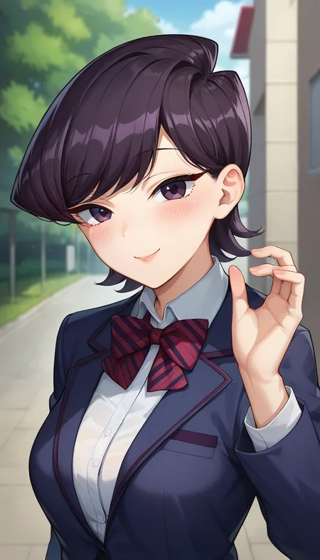 score_9,score_8_up,score_7_up,score_6_up BREAK official art,solo,outdoors,upper body,(portrait:1.5),looking at viewer,facing viewer,smile,blush,mature female,Komi Shuuko,short hair,black hair,shiny hair,swept bangs,purple eyes,school uniform,blue jacket,blazer,collared shirt,white shirt,red bowtie,striped bowtie,diagonal-striped bow,medium breasts,skindentation,long sleeves,red skirt,pleated skirt,striped skirt,black socks,loafers,<lora:Komi Shuuko(kcc)-Pony:0.8>,