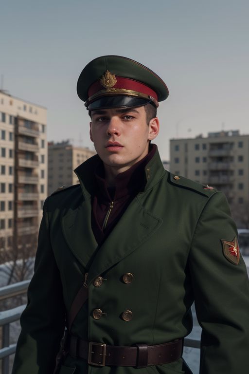 Excellence (vtuber-halfbody:1.25) portrait oil painting The {sullen Colonel Whisper, in charge of security for a Russian secret boarding school, is large and stocky, looks like an Eastern European, one eye downcast, looks unemotional, wears a strict olive and dark red soviet uniform}, (russian panel houses background:1.25), masterpiece, 4k textures, ultra detailed, trending in artstation