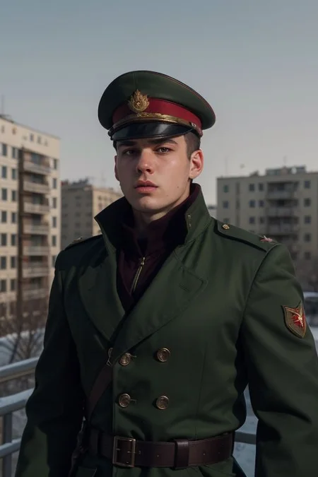 Excellence (vtuber-halfbody:1.25) portrait oil painting The {sullen Colonel Whisper, in charge of security for a Russian secret boarding school, is large and stocky, looks like an Eastern European, one eye downcast, looks unemotional, wears a strict olive and dark red soviet uniform}, (russian panel houses background:1.25), masterpiece, 4k textures, ultra detailed, trending in artstation