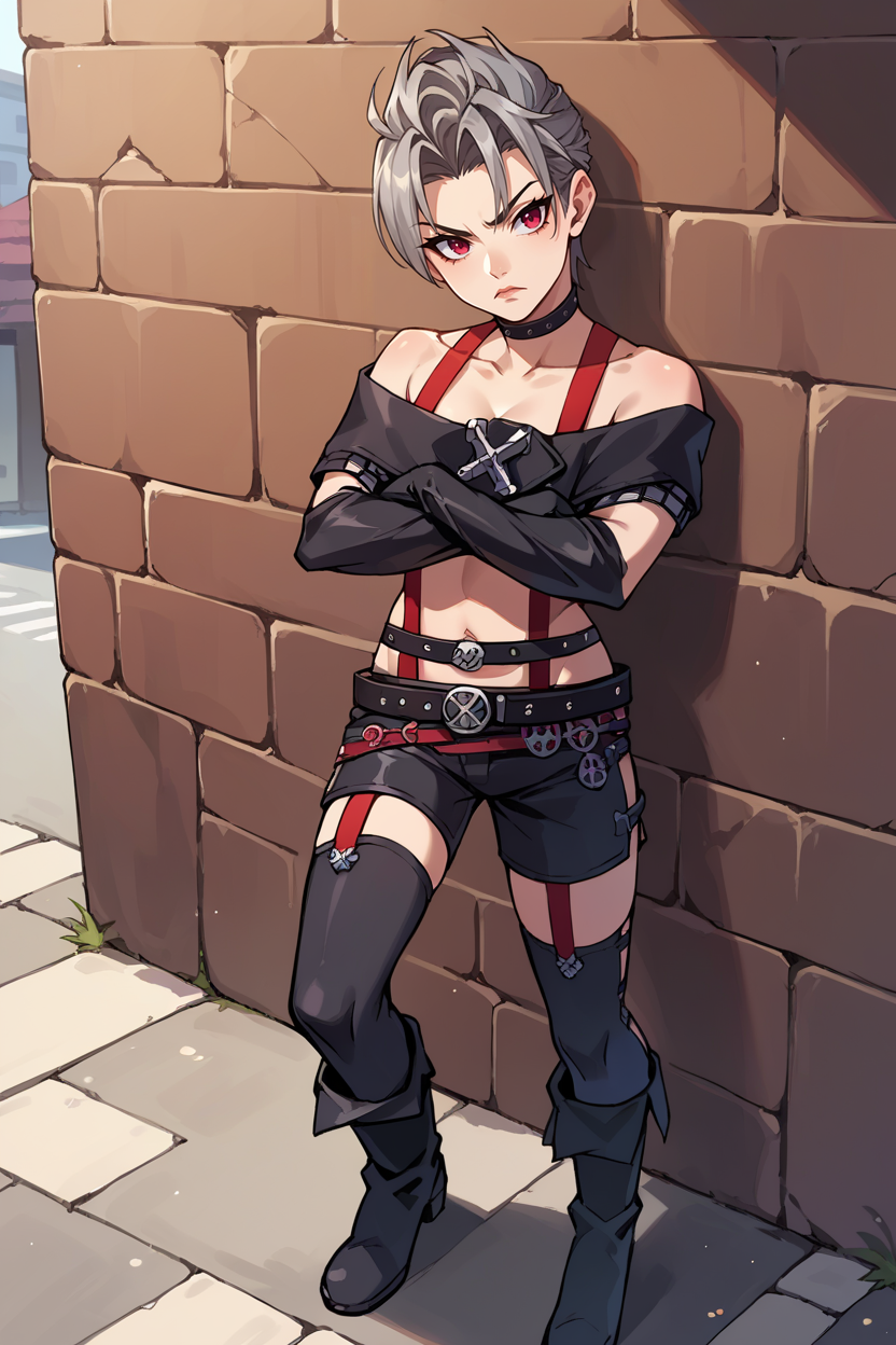 score_9, score_8_up, score_7_up, score_6_up, source_anime, BREAK 1girl, solo  <lora:ffpaine-pdxl-nvwls-v1-000005:1> ffpaine, grey hair, choker, suspenders, off-shoulder shirt, black shirt, black gloves, midriff, belt, black straps, black shorts, black thighhighs, crossed arms, looking at you, head tilt, black boots, leaning on wall, alleyway