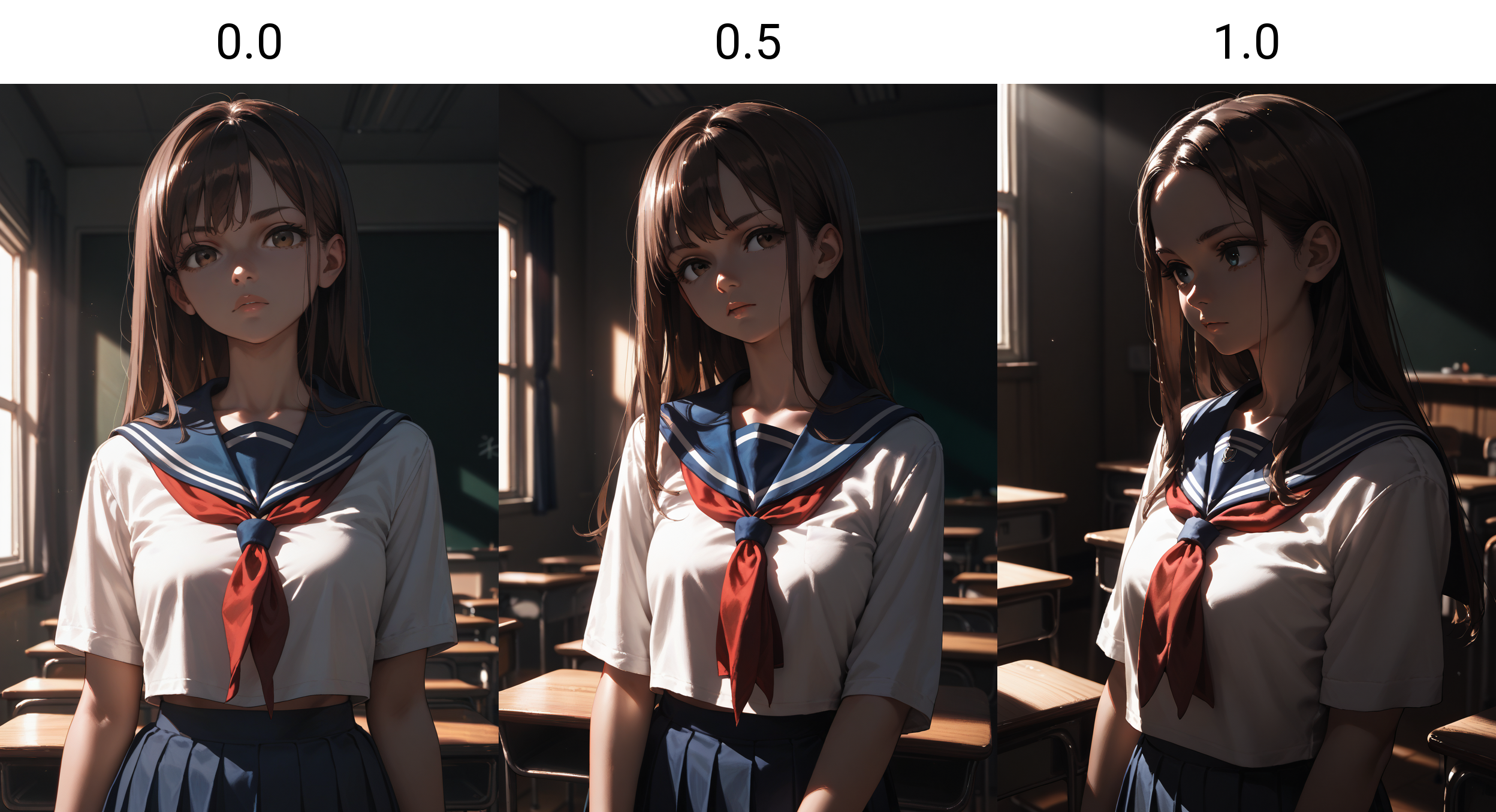 score_9, score_8_up, score_7_up, score_6_up, <lora:dark_v1.9-pony:0.0>
dark theme, dim lighting, dark room, classroom, black theme,
1girl, long hair, brown hair, school uniform, white shirt,blue sailor collar, red neckerchief,