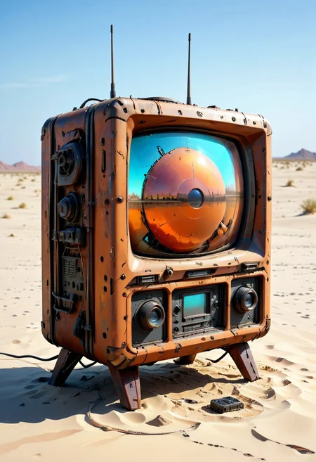 ultra high resolution, masterpiece, best quality, a sci-fi , desert, A (rusty) and (broken) retro TV set buried in the sand, in the style of hyper realistic photography. evi@decrepPunk, no human, post-apocalyptic