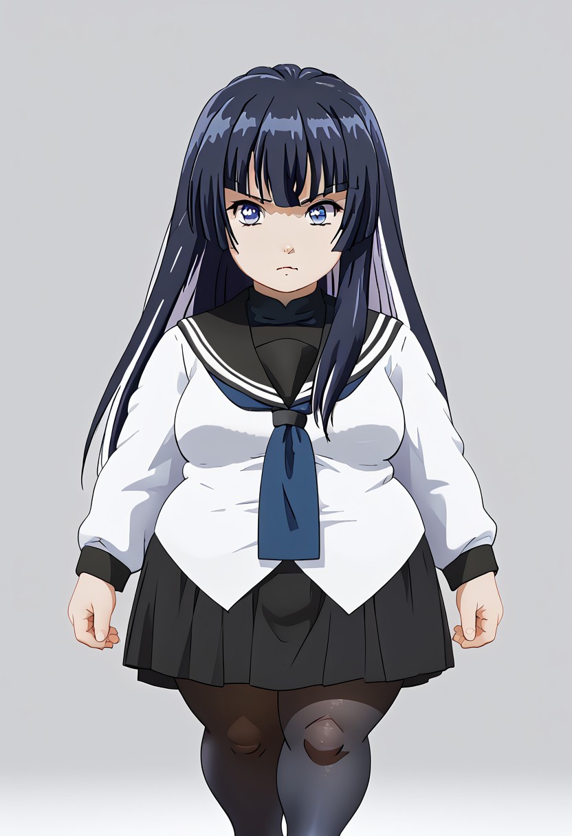 Shizuku, blue neckerchief, school uniform, serafuku, pantyhose, skirt, multicolored hair, shortstack, shorty, ssbbw