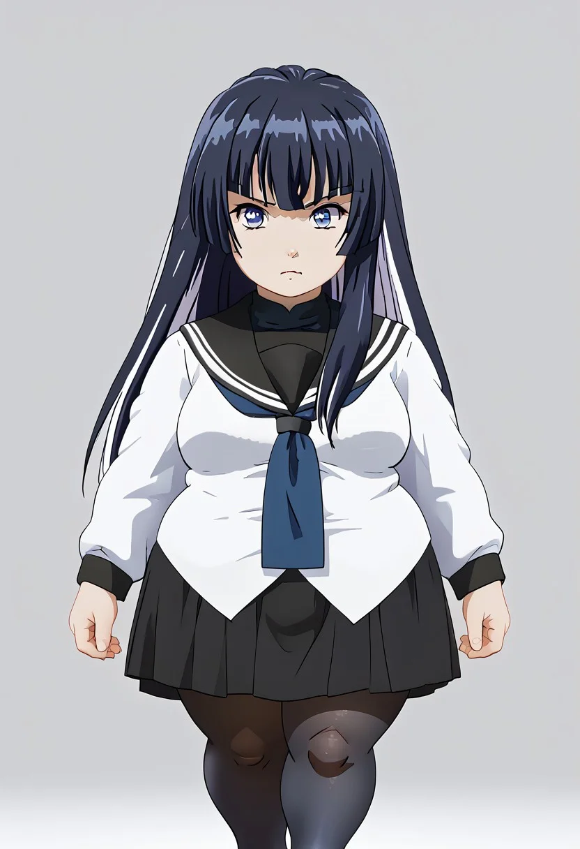 Shizuku, blue neckerchief, school uniform, serafuku, pantyhose, skirt, multicolored hair, shortstack, shorty, ssbbw