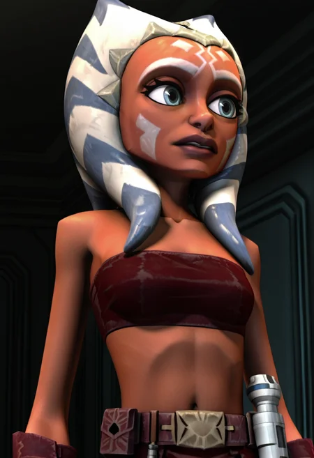 <lora:Ahsoka_Tano:1> ahsoka_tano, 1girl, female focus, togruta, orange_skin, lekku, facial_markings, symmetrical face paint, original_appearance, bandeau_outfit, clone_wars_style, star_wars_background, 3d