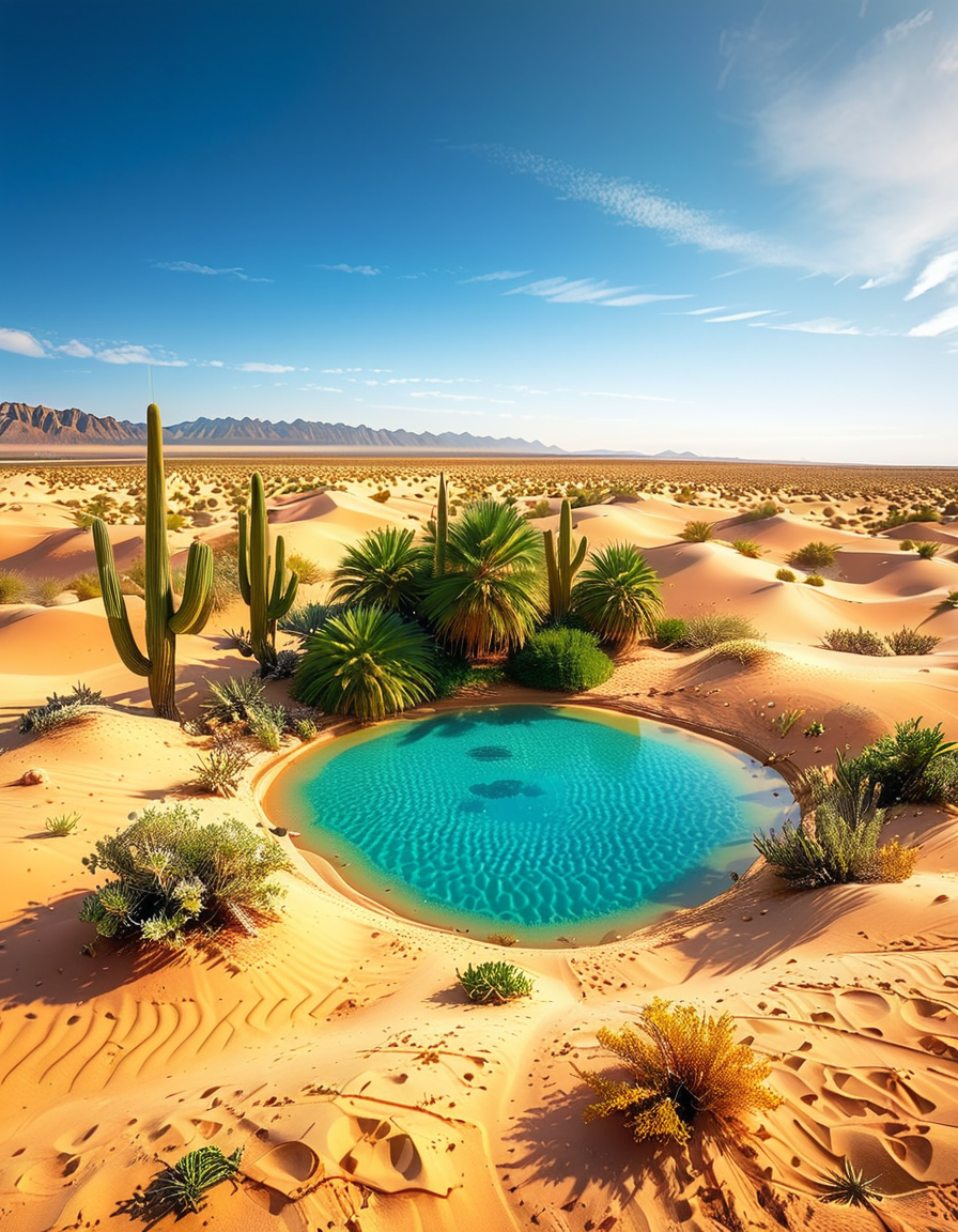 A serene oasis in the middle of an expansive golden desert, surrounded by rolling sand dunes under a vibrant blue sky. The oasis features a small, crystal-clear lagoon with calm, reflective water, bordered by lush green palm trees and colorful tropical plants. The scene is bathed in warm sunlight, with soft golden light illuminating the sand and creating subtle shadows among the dunes. In the background, faint silhouettes of distant mountains blend into the horizon. A few wisps of white clouds drift lazily in the sky, adding depth and texture to the composition. The overall atmosphere is peaceful and tranquil, evoking a sense of calm and wonder in the harsh desert landscape.<lora:SDXLFaeTastic2400:0.4> <lora:extremely_detailed:0.4> extremely detailed, <lora:O4s1s:1>,O4s1s, Masterpiece,best quality,hi res,8k,hi res,8k,award winning,(sharp focus, intricate, highly detailed),