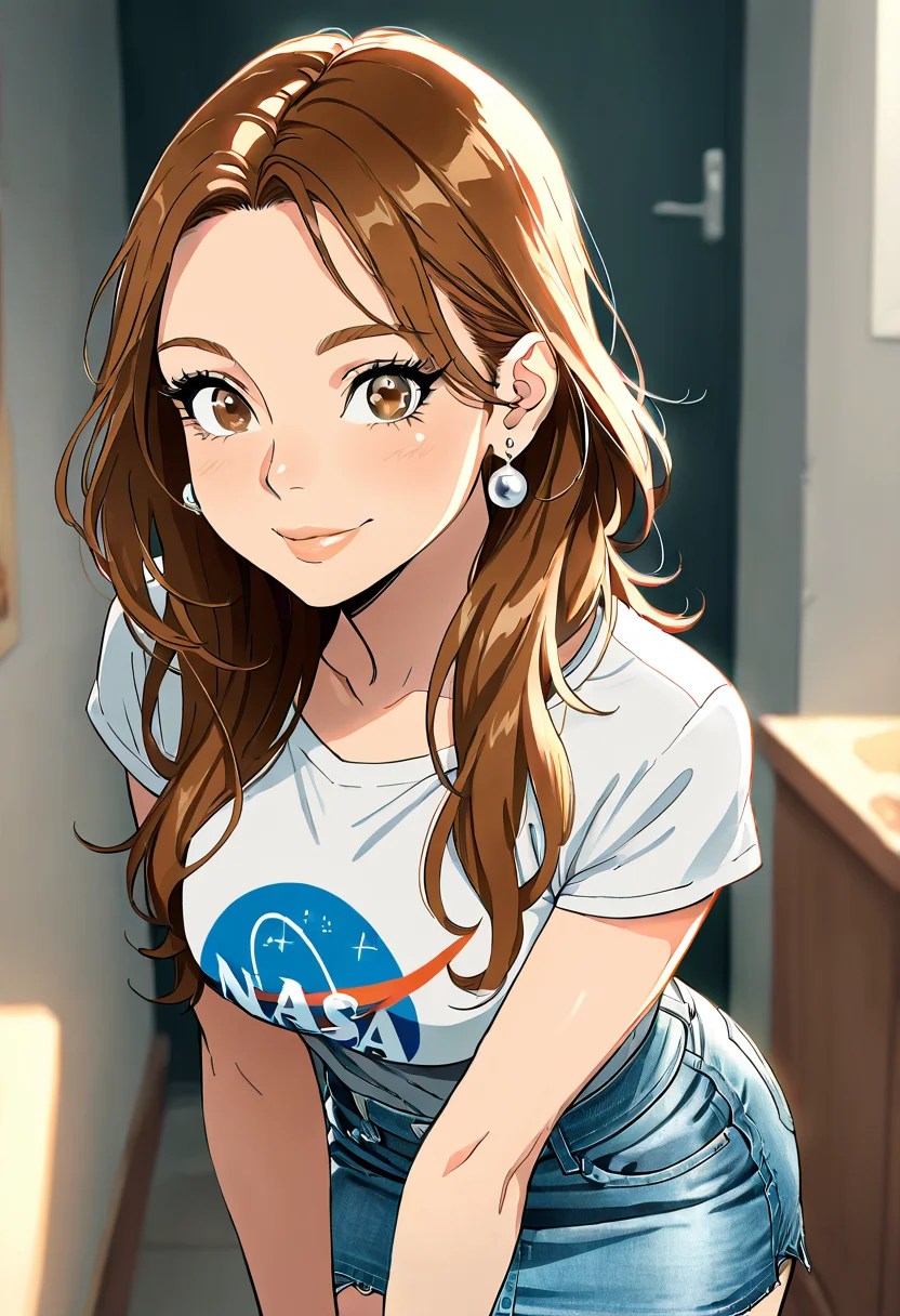 masterpiece, best quality, 1girl, solo, eyelashes, (beautiful eyes), looking at viewer, smile, N4S4, 1girl, long hair, skirt, brown hair, brown eyes, jewelry, earrings, lips, denim, denim skirt, ,<lora:NASAShirtAnime_IXL_v1:0.8>,