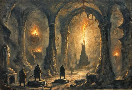 a silhouette standing in the middle with a torch, mines of moria underground, carved statues, abstract temple in the unthinking depths,
overgrown cave and ruined walls, Nordic dungeon, cave ruins concept art, demonic runes and incantations carved into the dark souls catacomb, Skyrim, the elder scrolls, arx fatalis, dungeons and dragons,