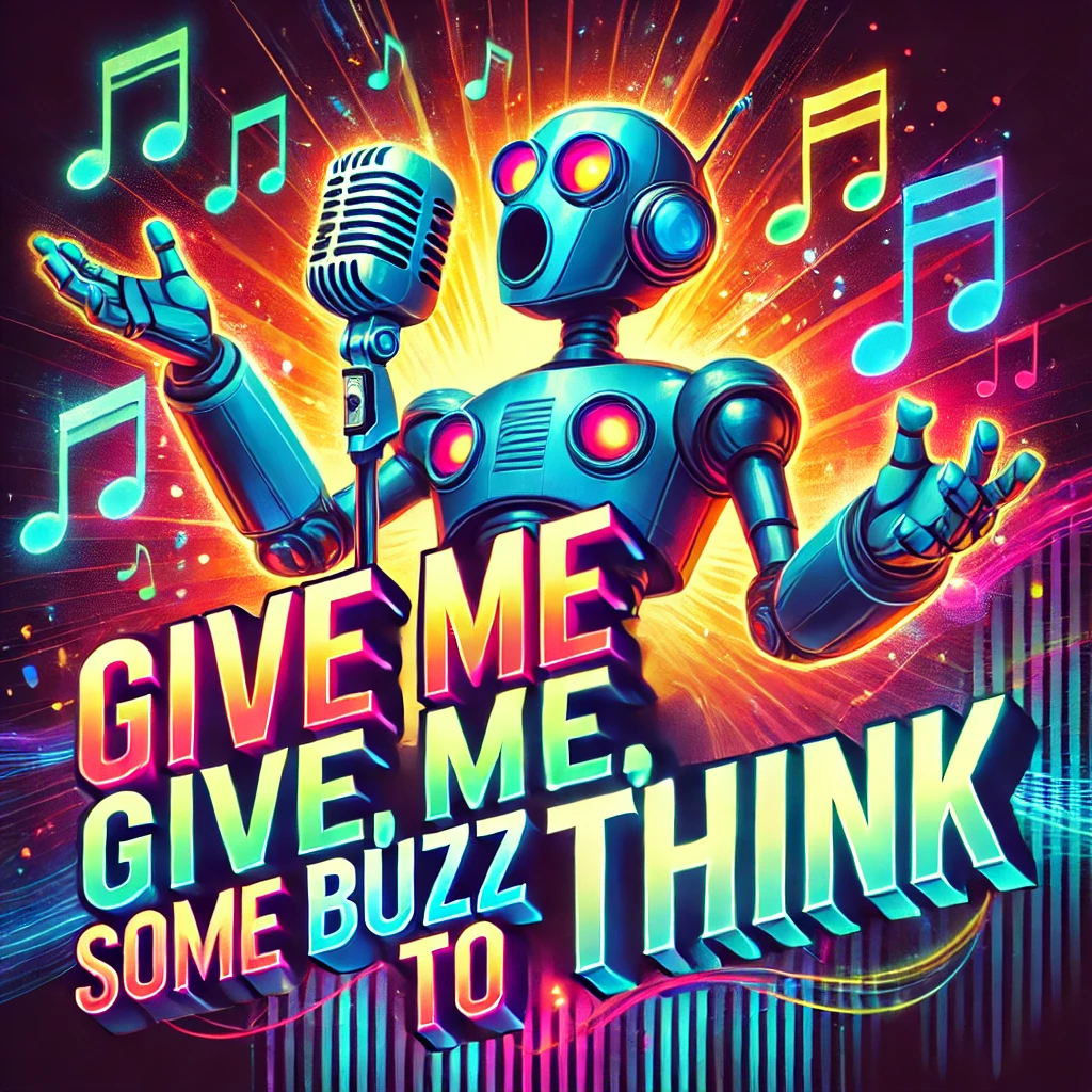 A vibrant illustration of a robot singing passionately, with the text 'Give me, give me, some buzz to think' written in bold, glowing, and refined font. The robot is standing with an open mouth, singing energetically, while musical notes and sound waves flow around it. The robot has a futuristic but slightly clunky design, and the background is filled with colorful, glowing elements that emphasize the fun and lively atmosphere. The glowing text stands out, adding a sense of movement and rhythm to the scene.