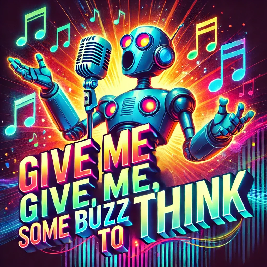A vibrant illustration of a robot singing passionately, with the text 'Give me, give me, some buzz to think' written in bold, glowing, and refined font. The robot is standing with an open mouth, singing energetically, while musical notes and sound waves flow around it. The robot has a futuristic but slightly clunky design, and the background is filled with colorful, glowing elements that emphasize the fun and lively atmosphere. The glowing text stands out, adding a sense of movement and rhythm to the scene.