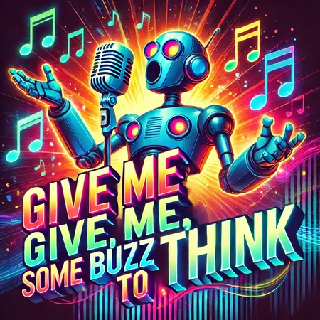 A vibrant illustration of a robot singing passionately, with the text 'Give me, give me, some buzz to think' written in bold, glowing, and refined font. The robot is standing with an open mouth, singing energetically, while musical notes and sound waves flow around it. The robot has a futuristic but slightly clunky design, and the background is filled with colorful, glowing elements that emphasize the fun and lively atmosphere. The glowing text stands out, adding a sense of movement and rhythm to the scene.